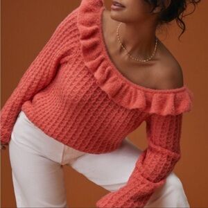 NWT Anthropologie Ruffled Knit Boatneck Sweater in Pink